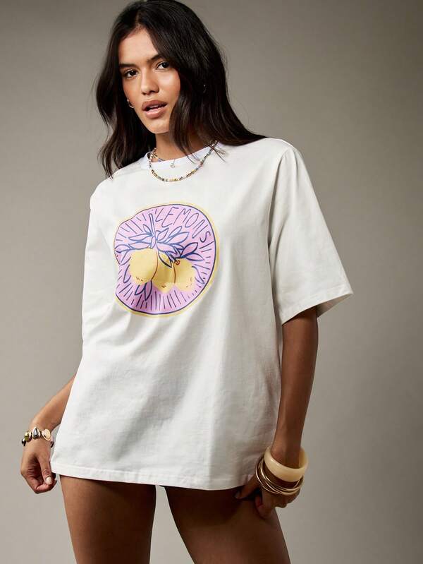 Missguided MISSGUIDED Oversized Lemon Print Cotton Casual T-Shirt