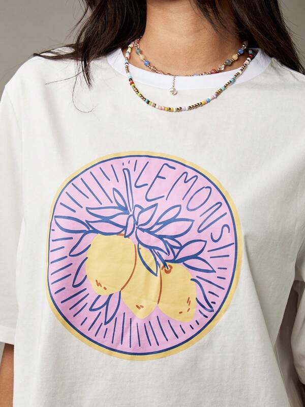 Missguided MISSGUIDED Oversized Lemon Print Cotton Casual T-Shirt