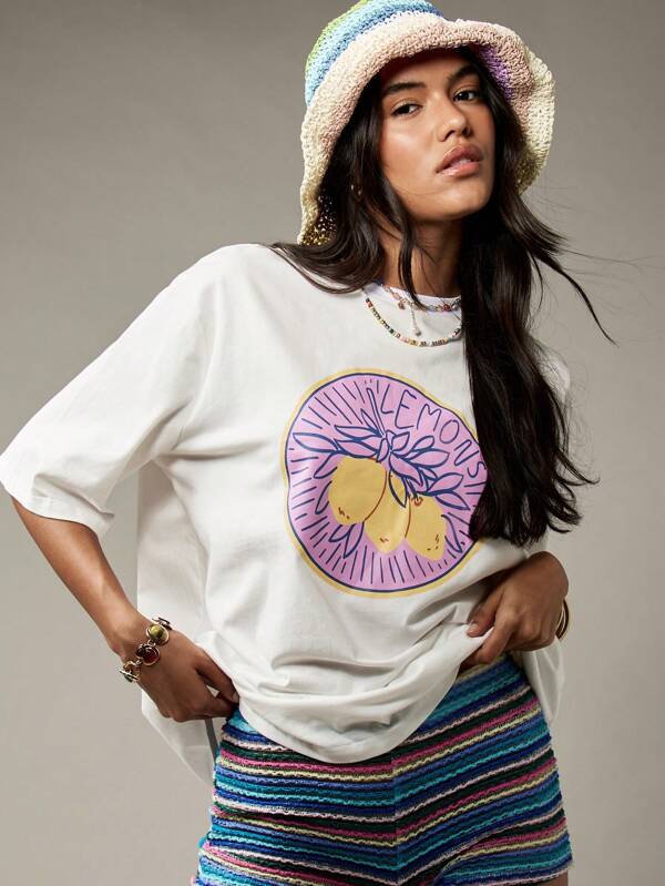 missguided MISSGUIDED Oversized Lemon Print Cotton Casual T-Shirt