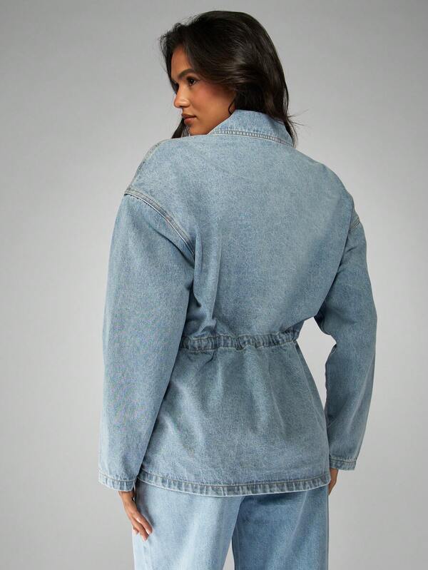 Missguided MISSGUIDED Oversized Light Wash Denim Jacket With Drawstring Waist