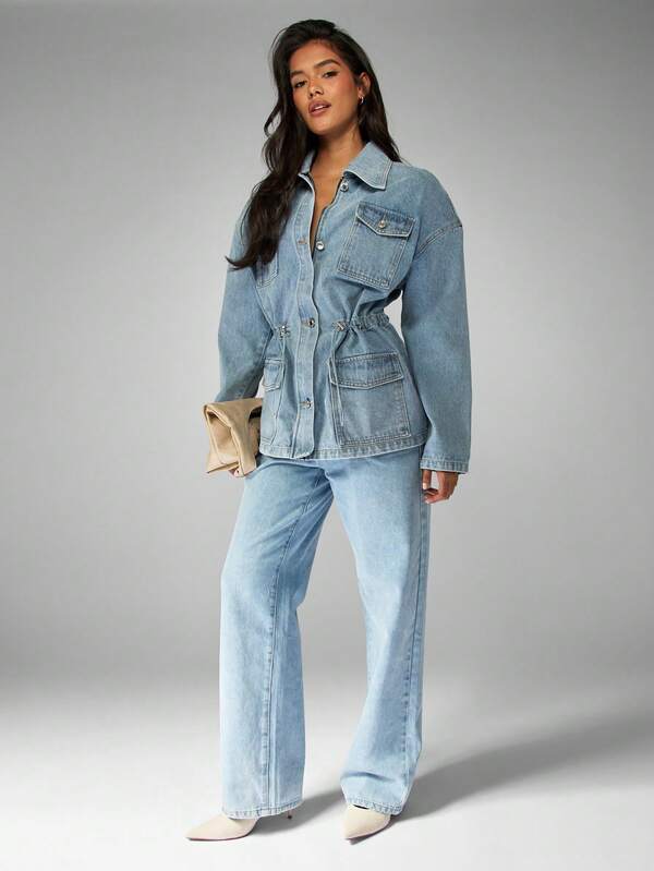 Missguided MISSGUIDED Oversized Light Wash Denim Jacket With Drawstring Waist