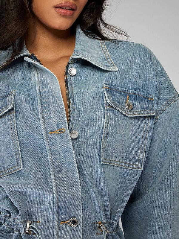 Missguided MISSGUIDED Oversized Light Wash Denim Jacket With Drawstring Waist