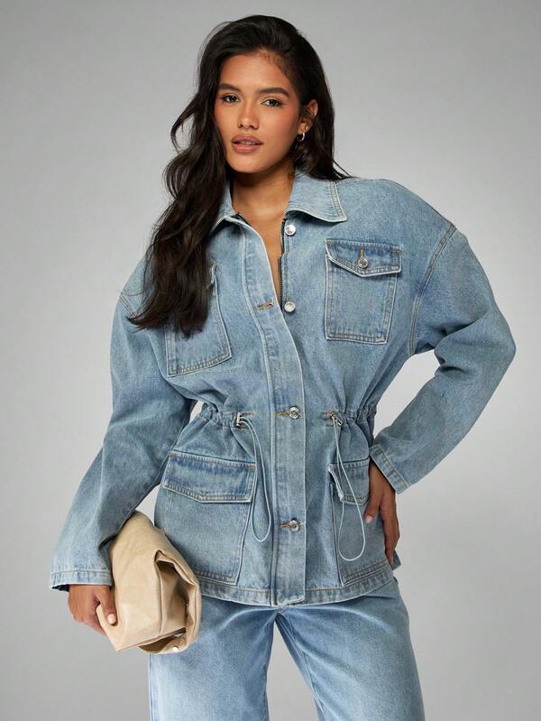 missguided MISSGUIDED Oversized Light Wash Denim Jacket With Drawstring Waist