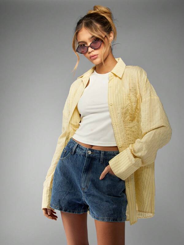 missguided MISSGUIDED Oversized Lightweight Striped Long Sleeve Collared Button Down Blouse