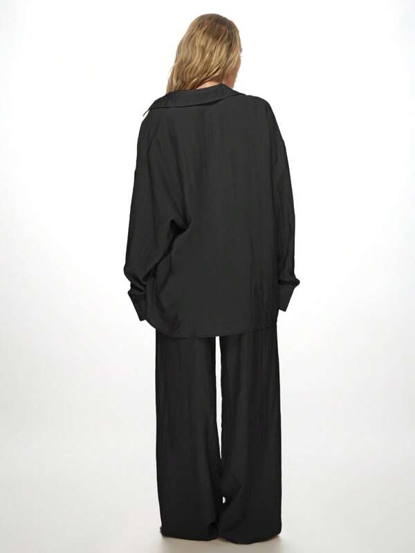 Missguided MISSGUIDED Oversized Linen Button Down Shirt Wide Leg Pants Two Piece Set