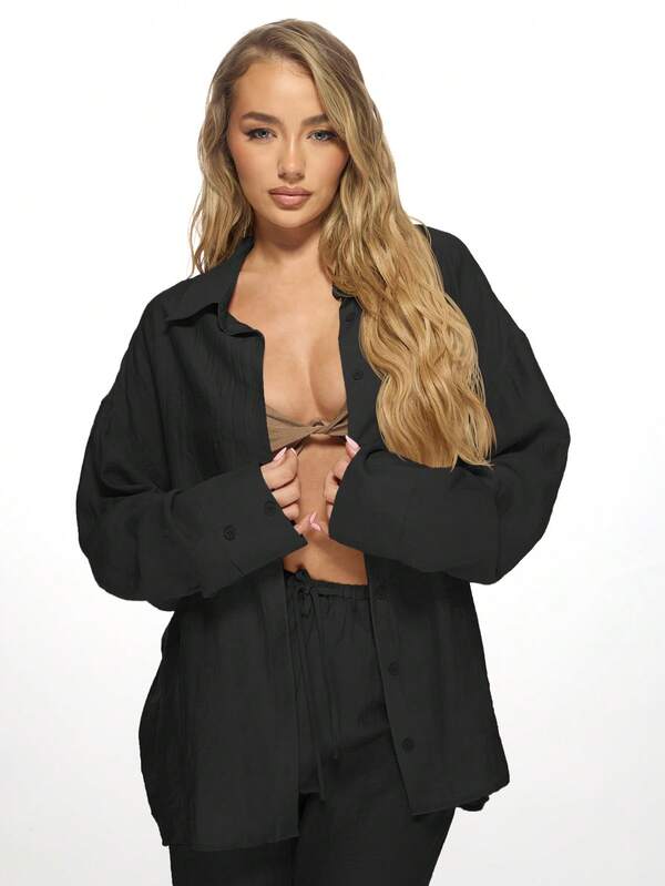 Missguided MISSGUIDED Oversized Linen Button Down Shirt Wide Leg Pants Two Piece Set