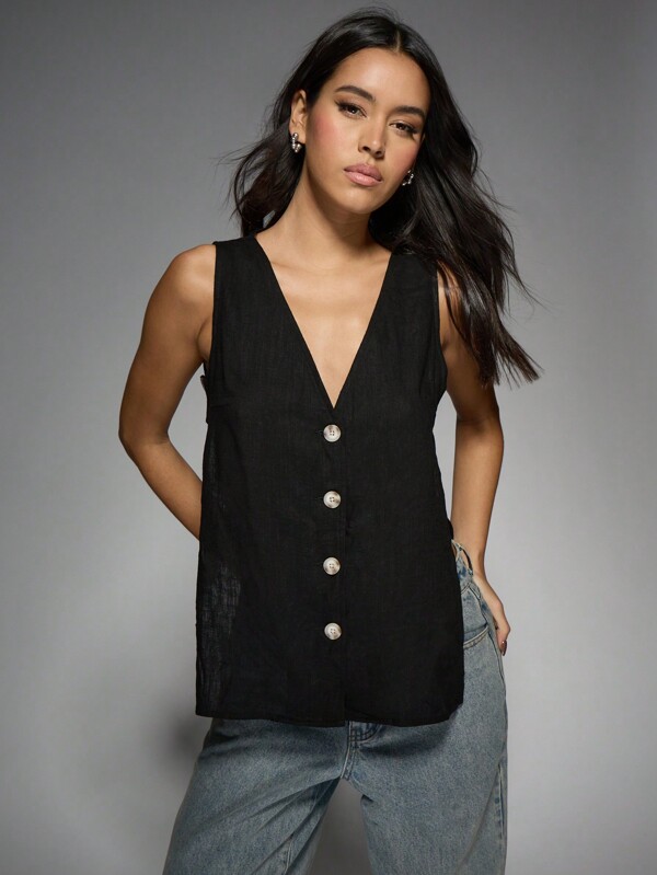 missguided MISSGUIDED Oversized Linen Button Front Tank Top