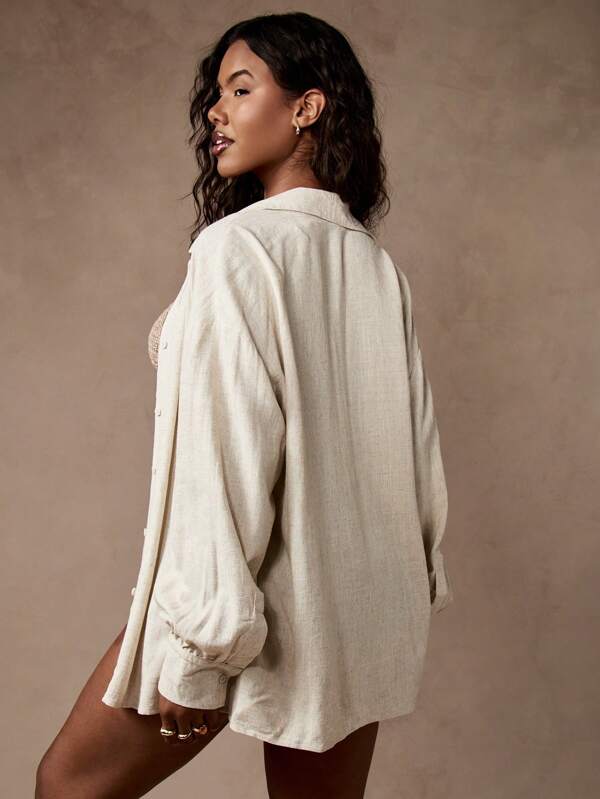 Missguided MISSGUIDED Oversized Linen Lightweight Long Sleeve Button Down Shirt
