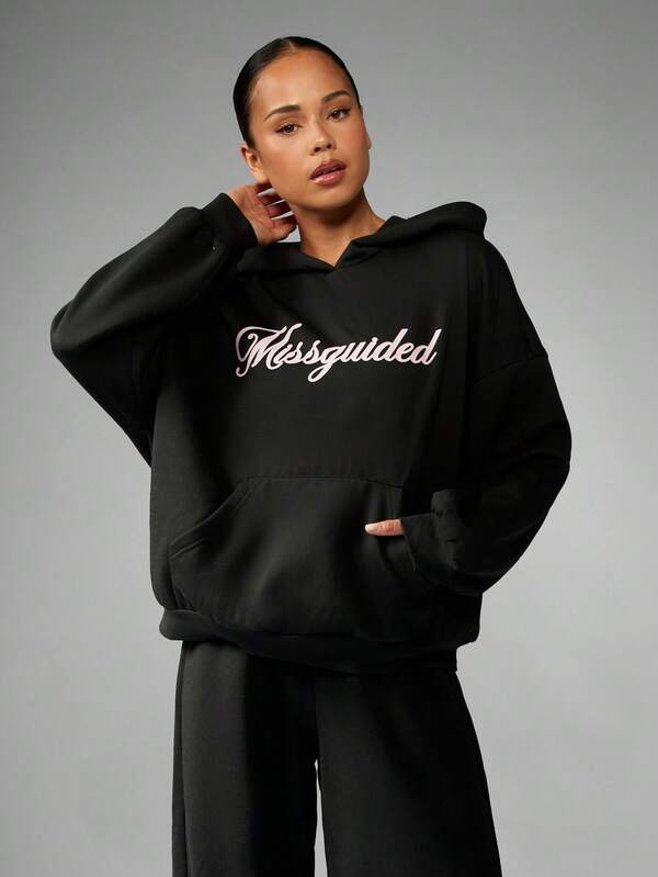 missguided MISSGUIDED Oversized Logo Hoodie With Centre Pocket
