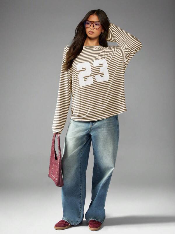 Missguided MISSGUIDED Oversized Long Sleeve Number Graphic Striped T Shirt