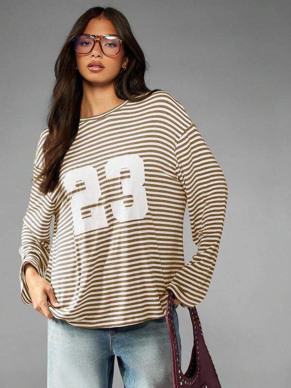 Missguided MISSGUIDED Oversized Long Sleeve Number Graphic Striped T Shirt