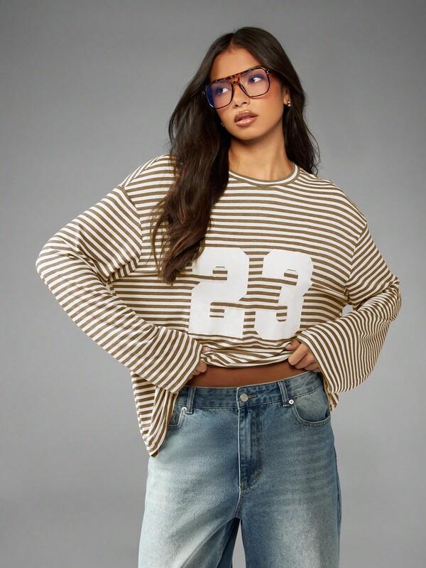 missguided MISSGUIDED Oversized Long Sleeve Number Graphic Striped T Shirt
