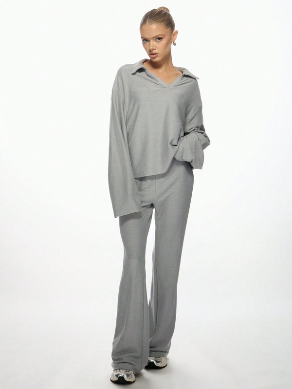 missguided MISSGUIDED Oversized Long Sleeve Ribbed Top Wide Leg Pants Set