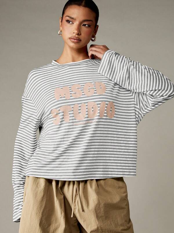 missguided MISSGUIDED Oversized Long Sleeve Striped Top With Print