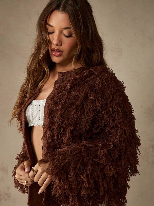 Missguided MISSGUIDED Oversized Loop Knit Shaggy Cardigan With Button Front