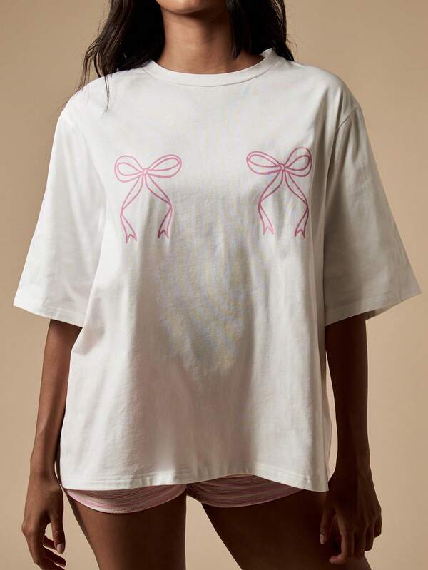 Missguided MISSGUIDED Oversized Loose Fit Cotton Bow Print Tee