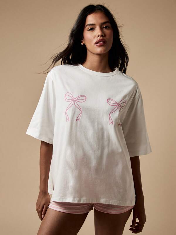 missguided MISSGUIDED Oversized Loose Fit Cotton Bow Print Tee