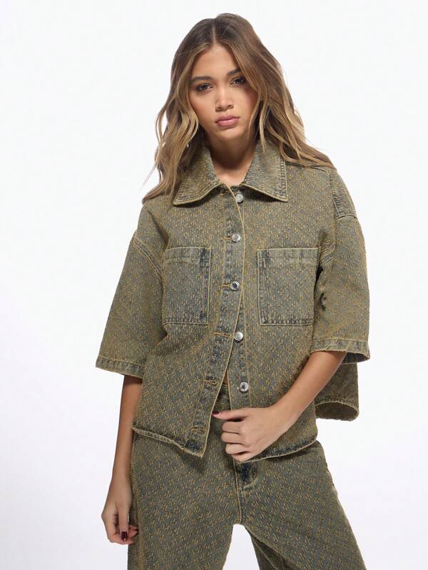 missguided MISSGUIDED Oversized Monogram Print Denim Shirt Jacket