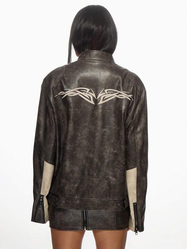 Missguided MISSGUIDED Oversized Motocross Leather Jacket With Tattoo Design