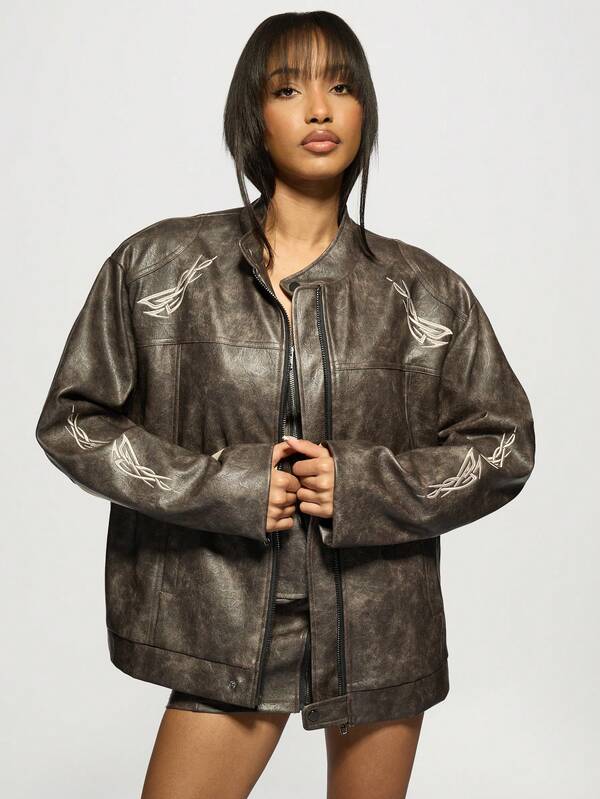 Missguided MISSGUIDED Oversized Motocross Leather Jacket With Tattoo Design