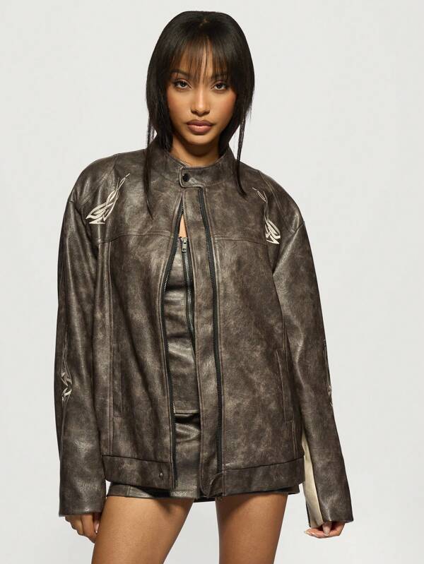 missguided MISSGUIDED Oversized Motocross Leather Jacket With Tattoo Design