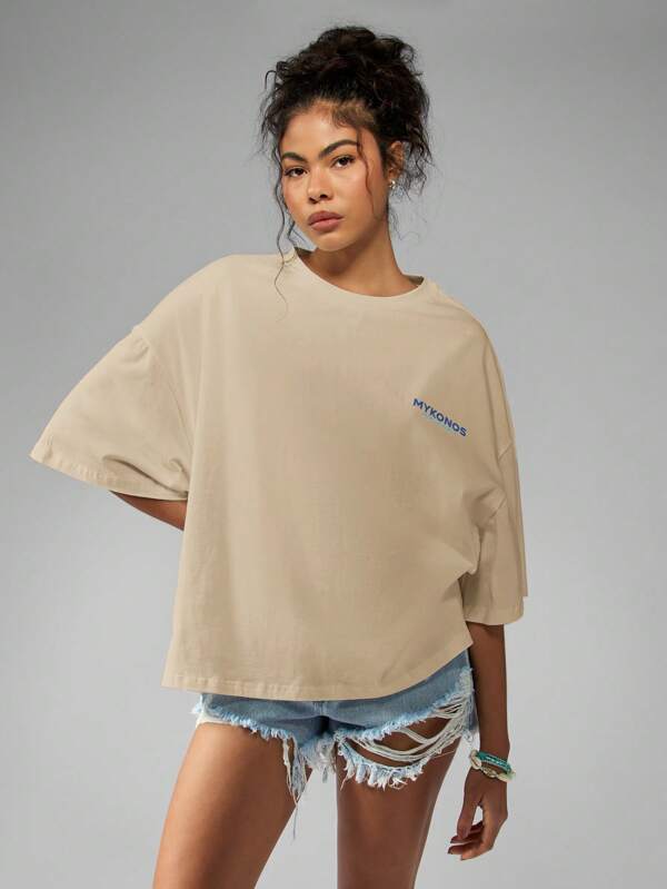 Missguided MISSGUIDED Oversized Mykonos Paradise Beach Graphic Print T Shirt