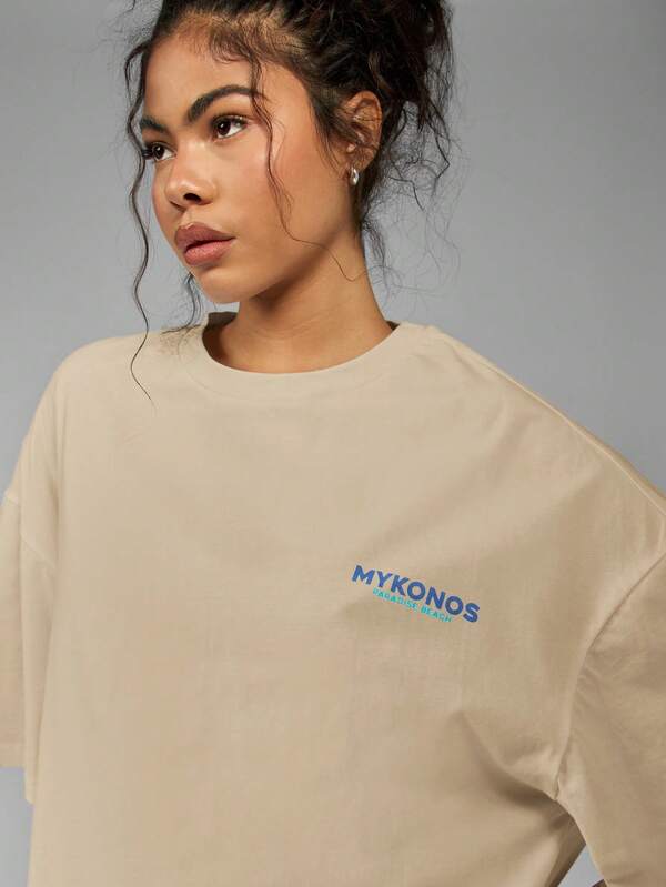 Missguided MISSGUIDED Oversized Mykonos Paradise Beach Graphic Print T Shirt