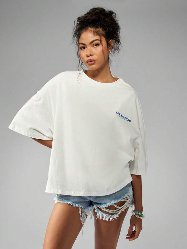 Missguided MISSGUIDED Oversized Mykonos Paradise Beach Greece Evil Eye Graphic Print T-Shirt