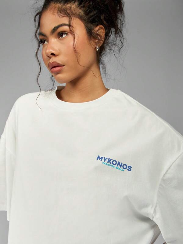Missguided MISSGUIDED Oversized Mykonos Paradise Beach Greece Evil Eye Graphic Print T-Shirt
