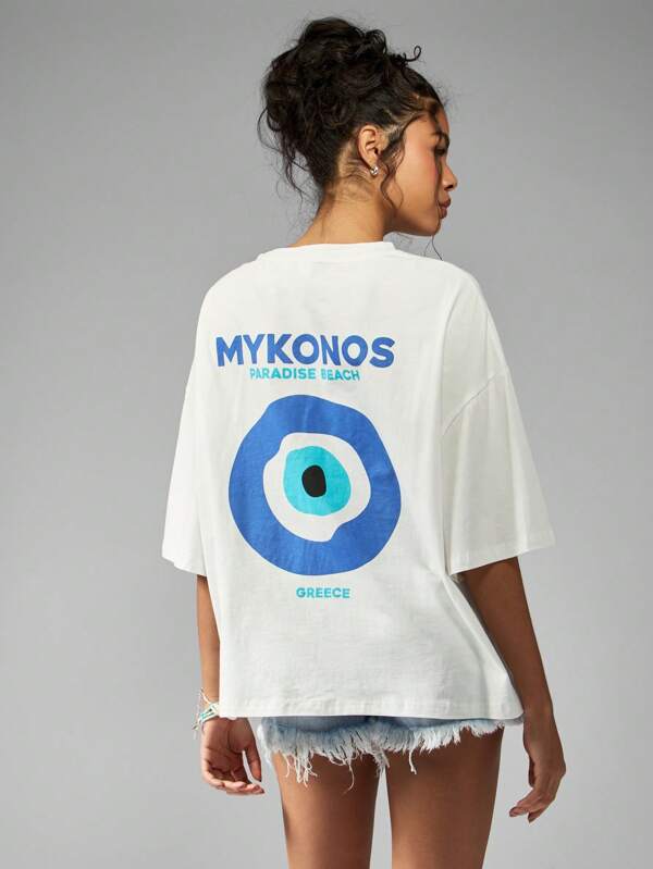 missguided MISSGUIDED Oversized Mykonos Paradise Beach Greece Evil Eye Graphic Print T-Shirt