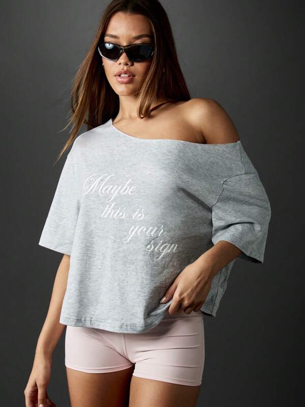 missguided MISSGUIDED Oversized Off Shoulder T-Shirt With Message Print