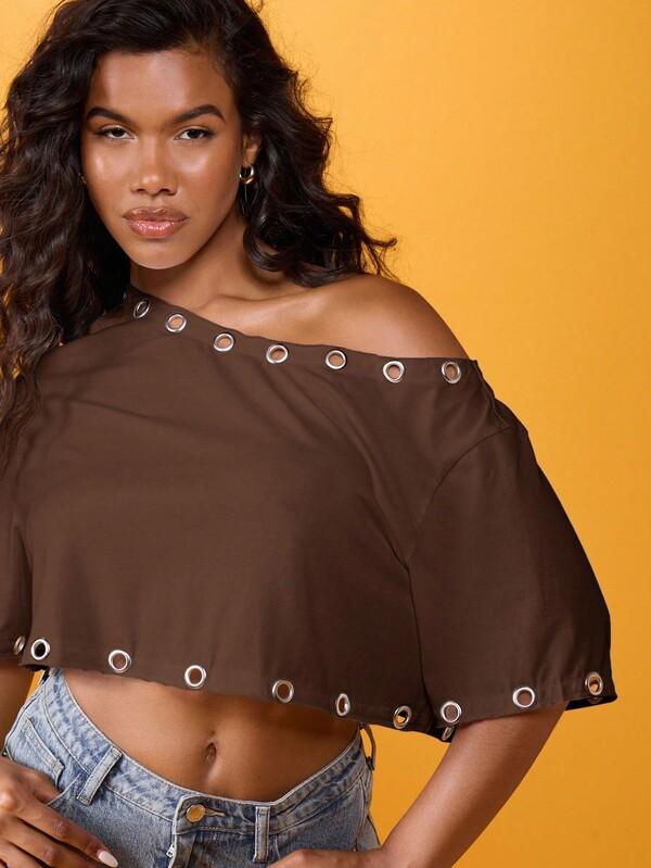 Missguided MISSGUIDED Oversized Off Shoulder Top With Metal Eyelets And Wide Sleeves