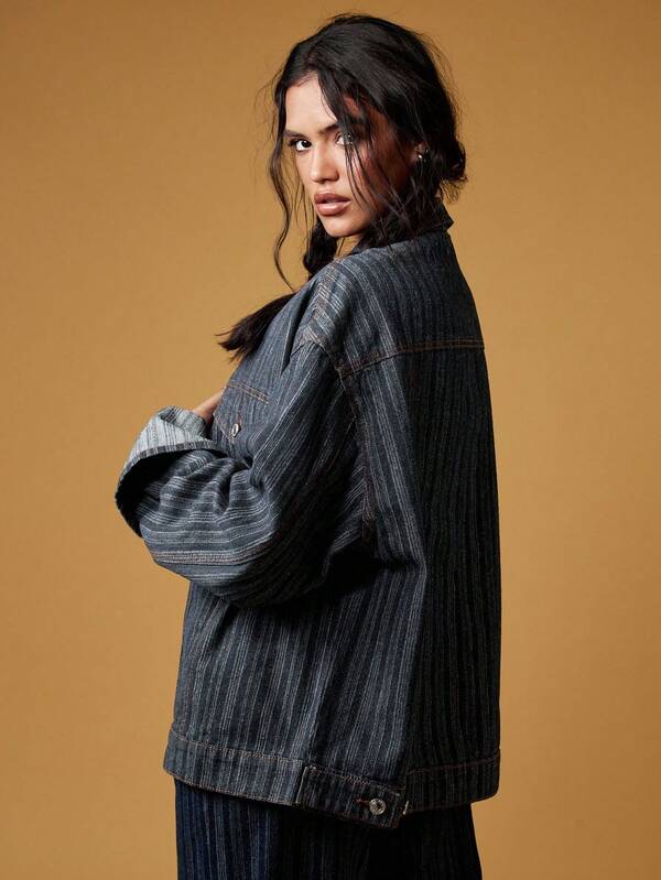 Missguided MISSGUIDED Oversized Pinstripe Denim Jacket With Turn Up Cuffs