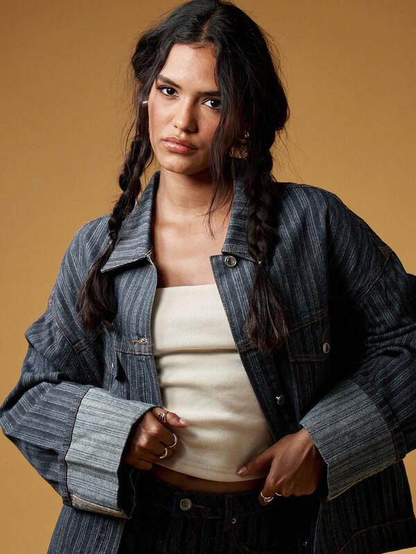 Missguided MISSGUIDED Oversized Pinstripe Denim Jacket With Turn Up Cuffs