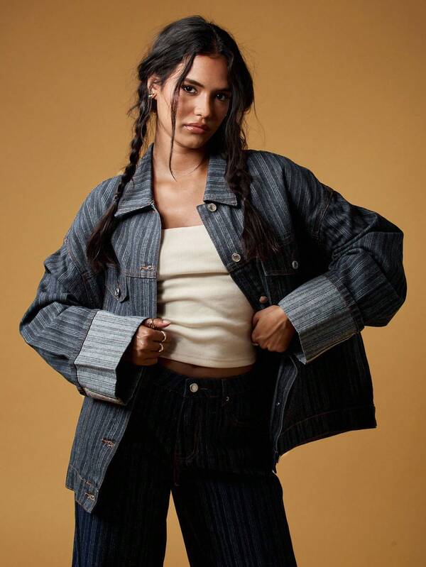 missguided MISSGUIDED Oversized Pinstripe Denim Jacket With Turn Up Cuffs