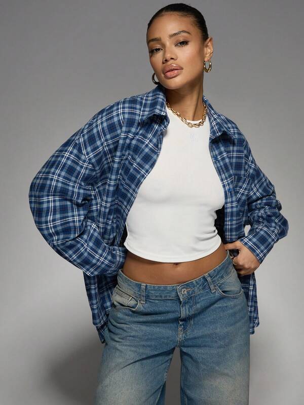 Missguided MISSGUIDED Oversized Plaid Button Down Shirt With Curved Hem