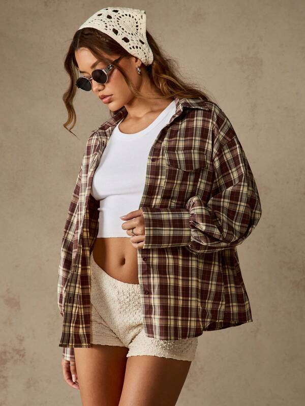missguided MISSGUIDED Oversized Plaid Button Down Shirt With Collar