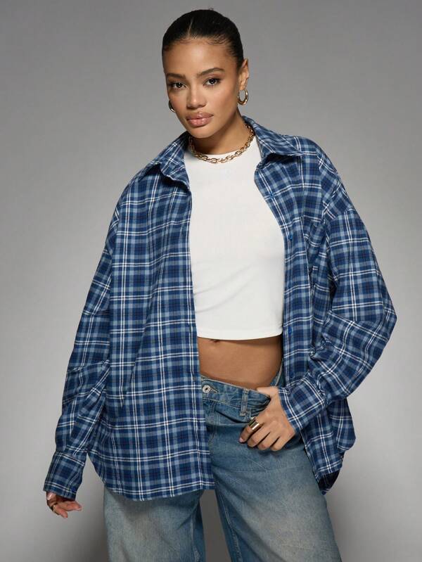 missguided MISSGUIDED Oversized Plaid Button Down Shirt With Curved Hem
