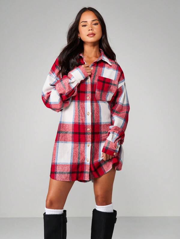 missguided MISSGUIDED Oversized Plaid Flannel Button Down Shirt
