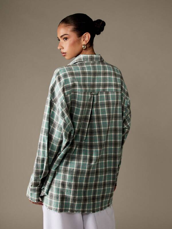 Missguided MISSGUIDED Oversized Plaid Flannel Shirt With Distressed Hem