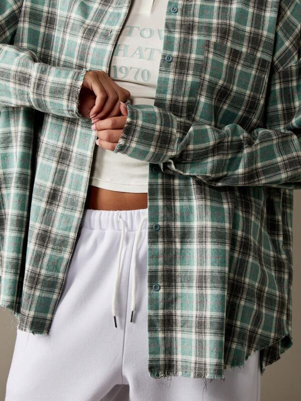Missguided MISSGUIDED Oversized Plaid Flannel Shirt With Distressed Hem