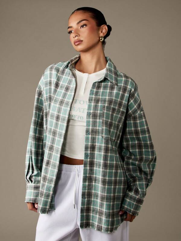 missguided MISSGUIDED Oversized Plaid Flannel Shirt With Distressed Hem