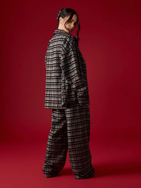 Missguided MISSGUIDED Oversized Plaid Shirt With Wide Leg Pants Set