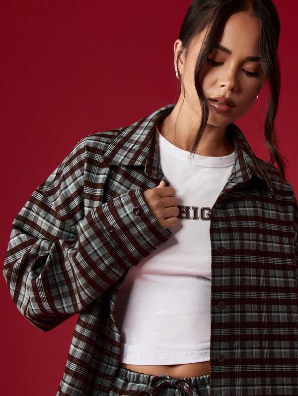 Missguided MISSGUIDED Oversized Plaid Shirt With Wide Leg Pants Set