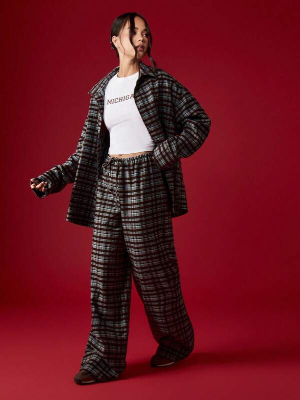 Missguided MISSGUIDED Oversized Plaid Shirt With Wide Leg Pants Set