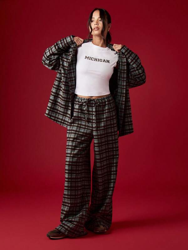 missguided MISSGUIDED Oversized Plaid Shirt With Wide Leg Pants Set