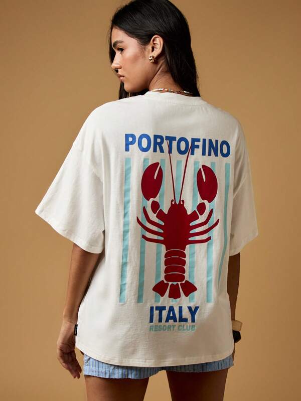 missguided MISSGUIDED Oversized Portofino Resort T-Shirt With Lobster Graphic Print