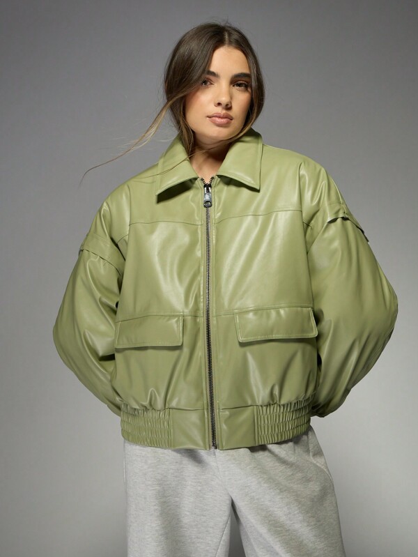 missguided MISSGUIDED Oversized PU Leather Bomber Women Winter Coat