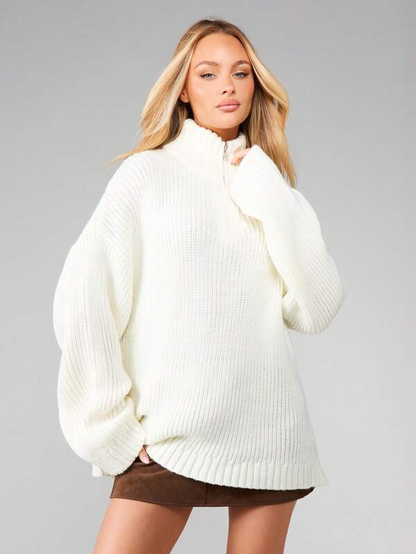 missguided MISSGUIDED Oversized Quarter Zip Chunky Knit Pullover