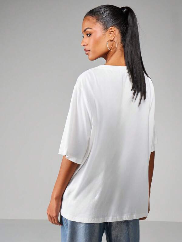 Missguided MISSGUIDED Oversized Rhinestone Detail Cotton T Shirt